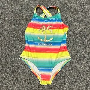 Like new! Nautica peach, pink, yellow, teal and blue stripped swimsuit- S/7